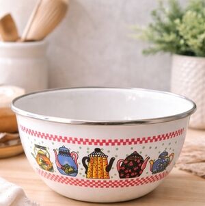 Vintage Enamel Mixing Bowl Teapot Pattern Red Check Trim Farmhouse Kitchen